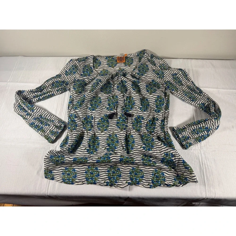 Tory Burch Floral Stripe Tassel Peasant Blouse Blue Green Size 6